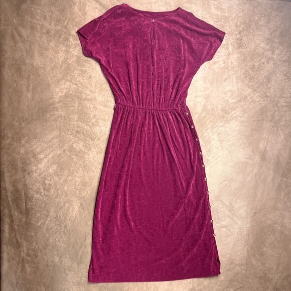 Vintage 70s Union Made Magenta Terry Cloth Shirt Waist Dress Side Button Midi - Picture 4 of 12